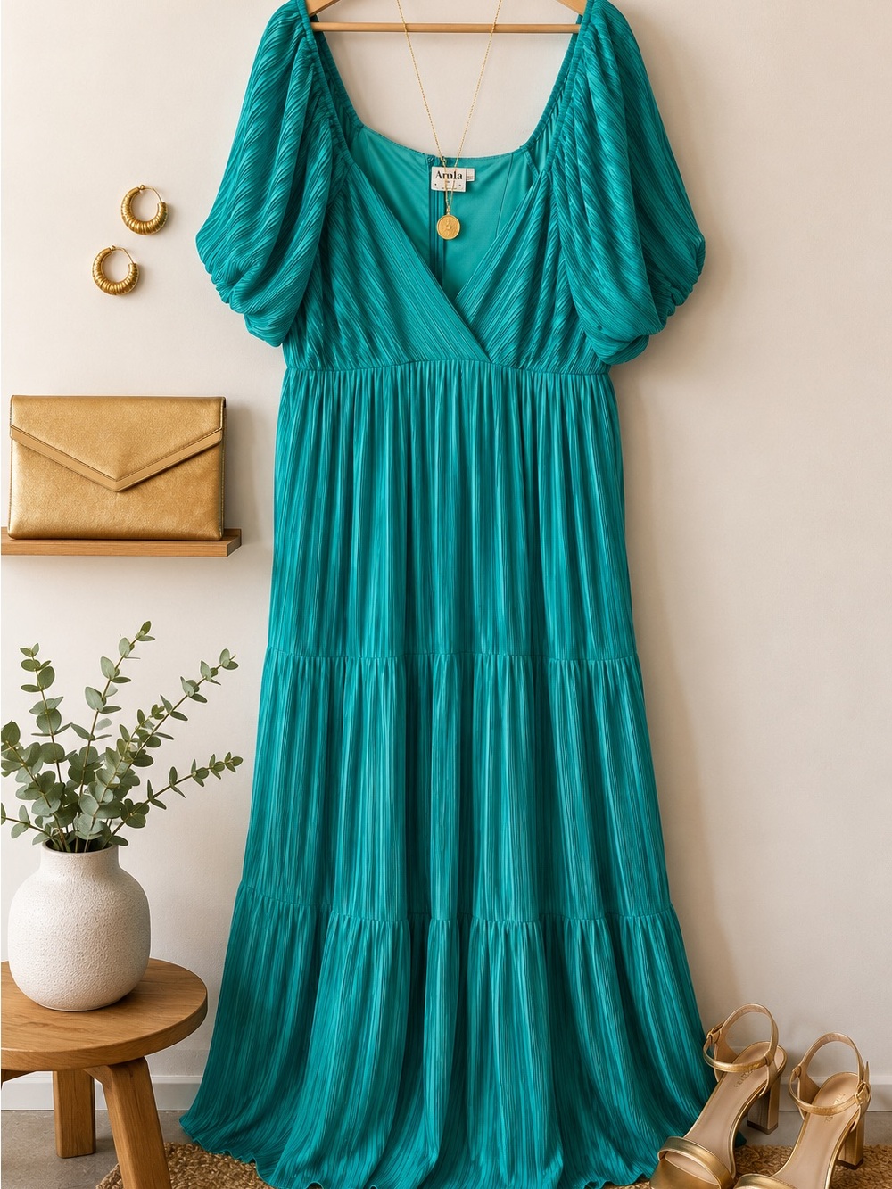 Arula Teal Pleated Maxi Dress with Puff Sleeves-A (Plus size)